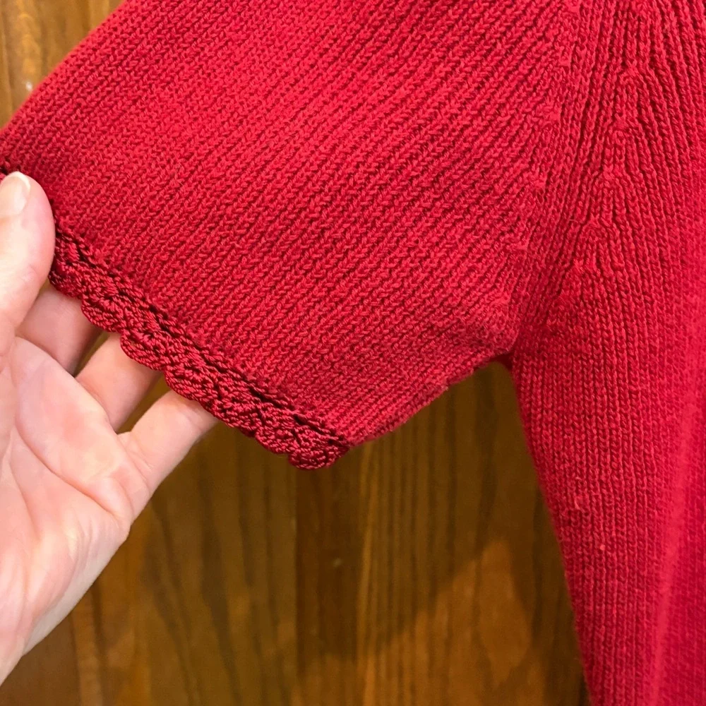 Vintage Cherry Red Cotton Blend Cardigan Medium Crochet Detail Cottagecore Boho - Picture 5 of 7